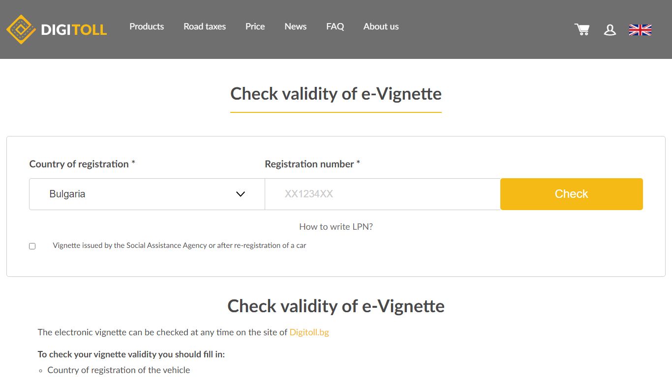 Check validity of e-Vignette - DigiToll